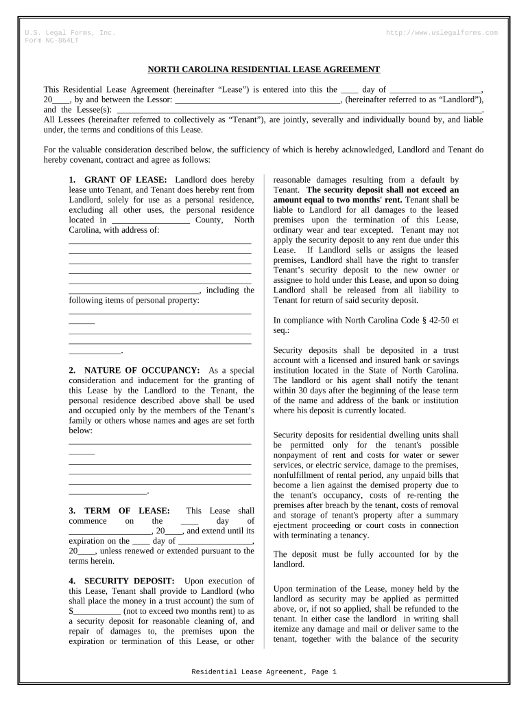 Residential Rental Lease Agreement North Carolina  Form