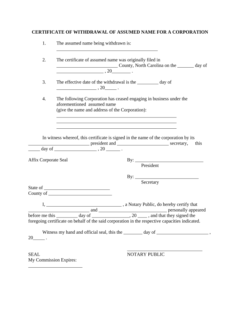 Withdrawal of Assumed Name for Corporation North Carolina  Form