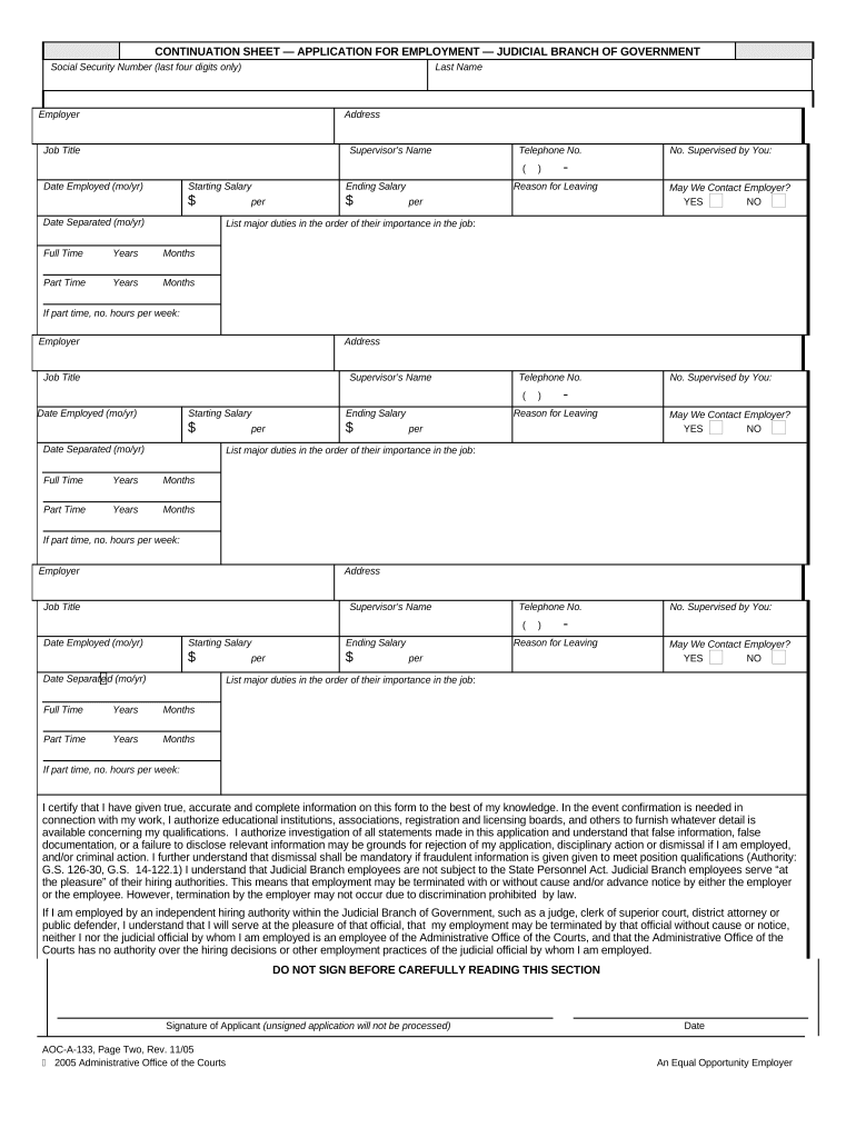 Judicial Branch of Government Application for Work or Employment Continuation Page North Carolina  Form