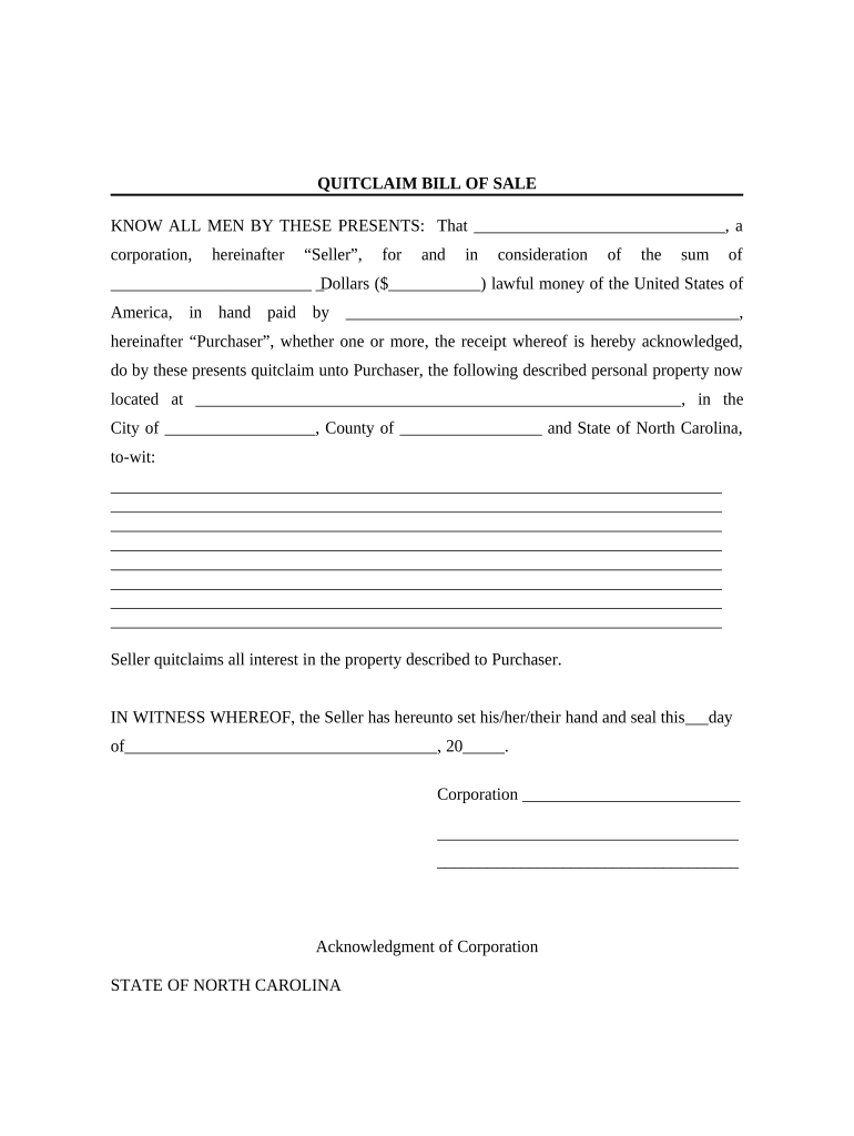 Bill of Sale Without Warranty by Corporate Seller North Carolina  Form