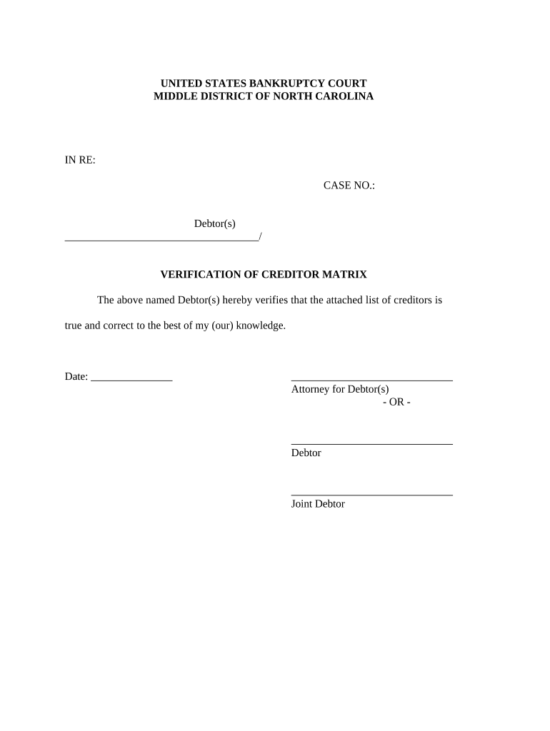 Verification of Creditors Matrix North Carolina  Form