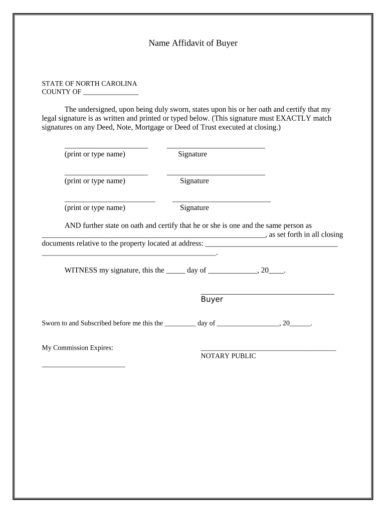 Name Affidavit of Buyer North Carolina  Form