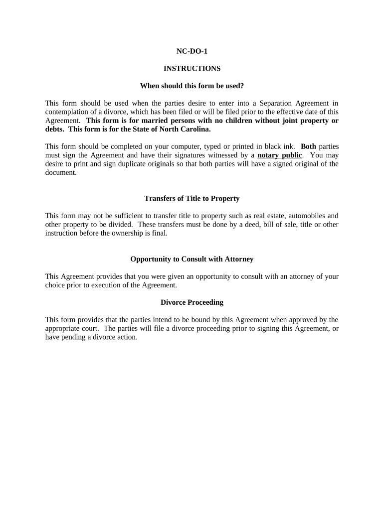 Marital Domestic Separation and Property Settlement Agreement for Persons with No Children, No Joint Property or Debts Where Div  Form