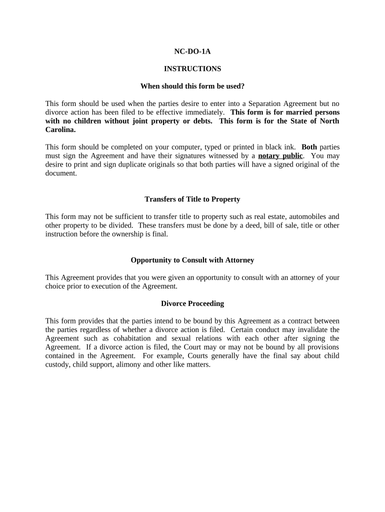 Marital Domestic Separation and Property Settlement Agreement for Persons with No Children, No Joint Property, or Debts Effectiv  Form