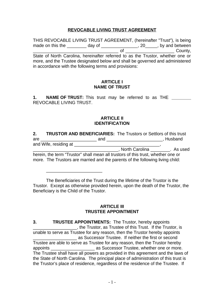 Living Trust for Husband and Wife with One Child North Carolina  Form