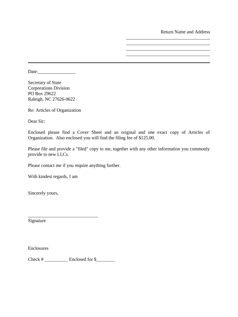 Sample Cover Letter for Filing of LLC Articles or Certificate with Secretary of State North Carolina  Form