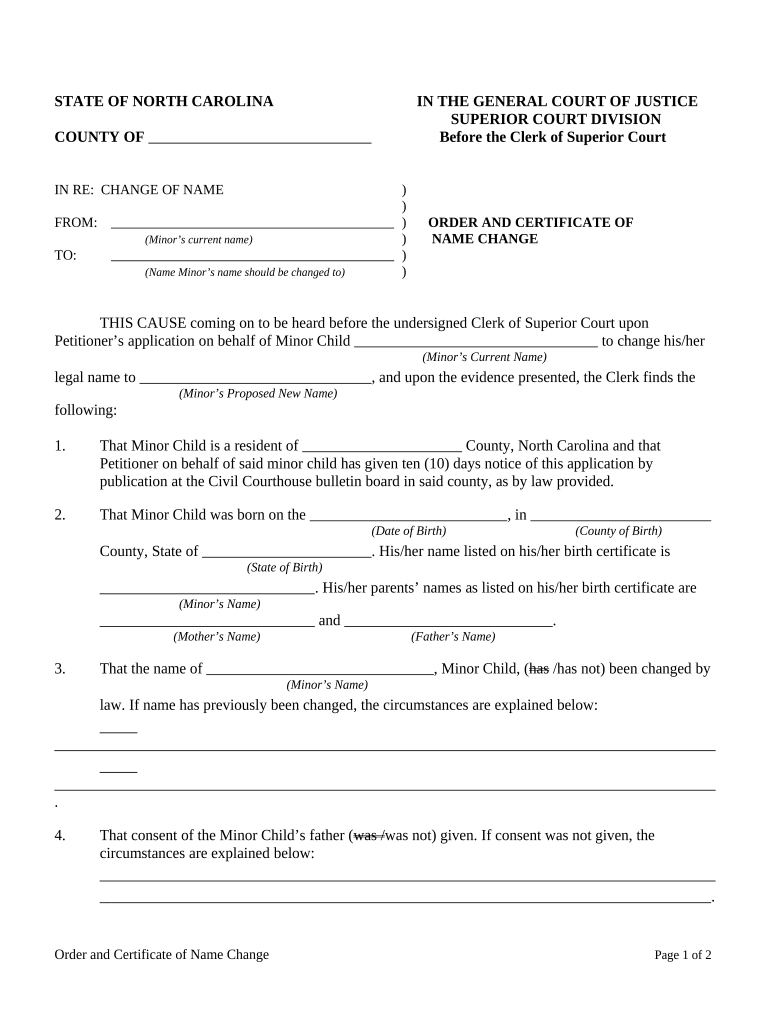 Nc Name Change Minor  Form