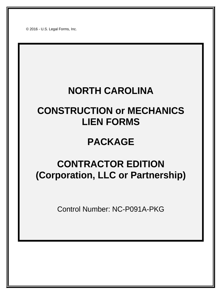 North Carolina Construction or Mechanics Lien Package Corporation or LLC North Carolina  Form