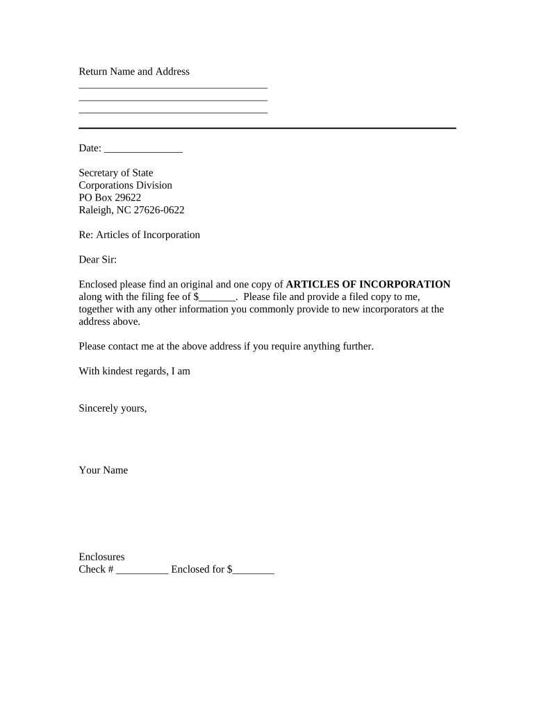 Sample Transmittal Letter for Articles of Incorporation North Carolina  Form