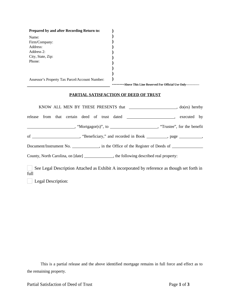 Get and Sign Partial Release of Property from Deed of Trust for Corporation North Carolina  Form