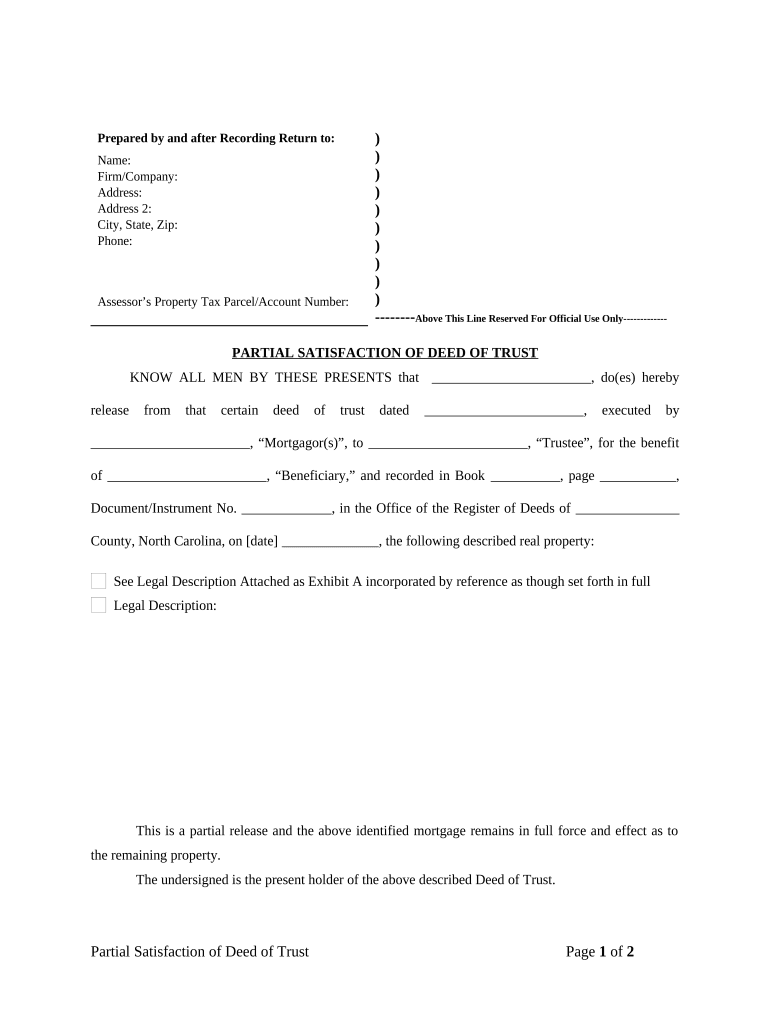 Partial Release of Property from Deed of Trust for Individual North Carolina  Form