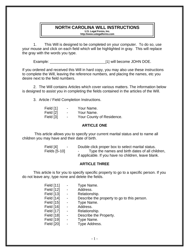 Last Will and Testament for Other Persons North Carolina  Form