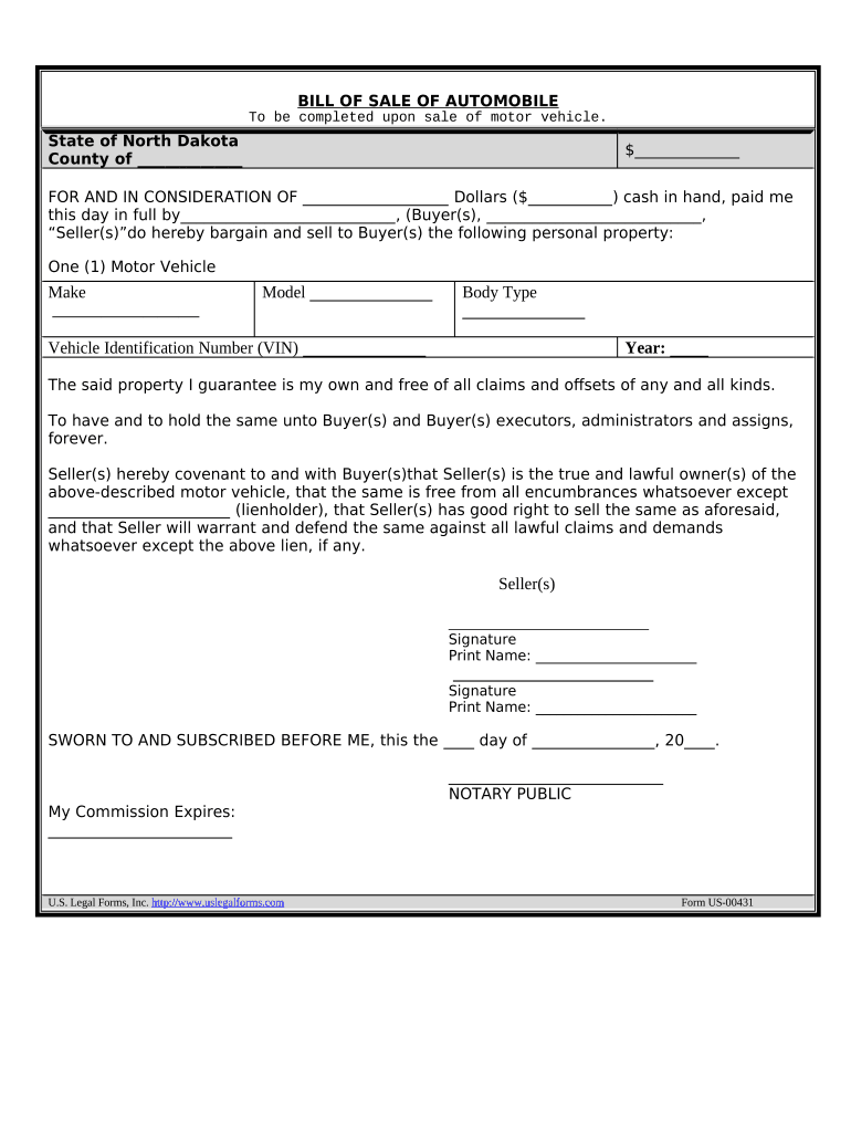 Bill of Sale of Automobile and Odometer Statement North Dakota  Form