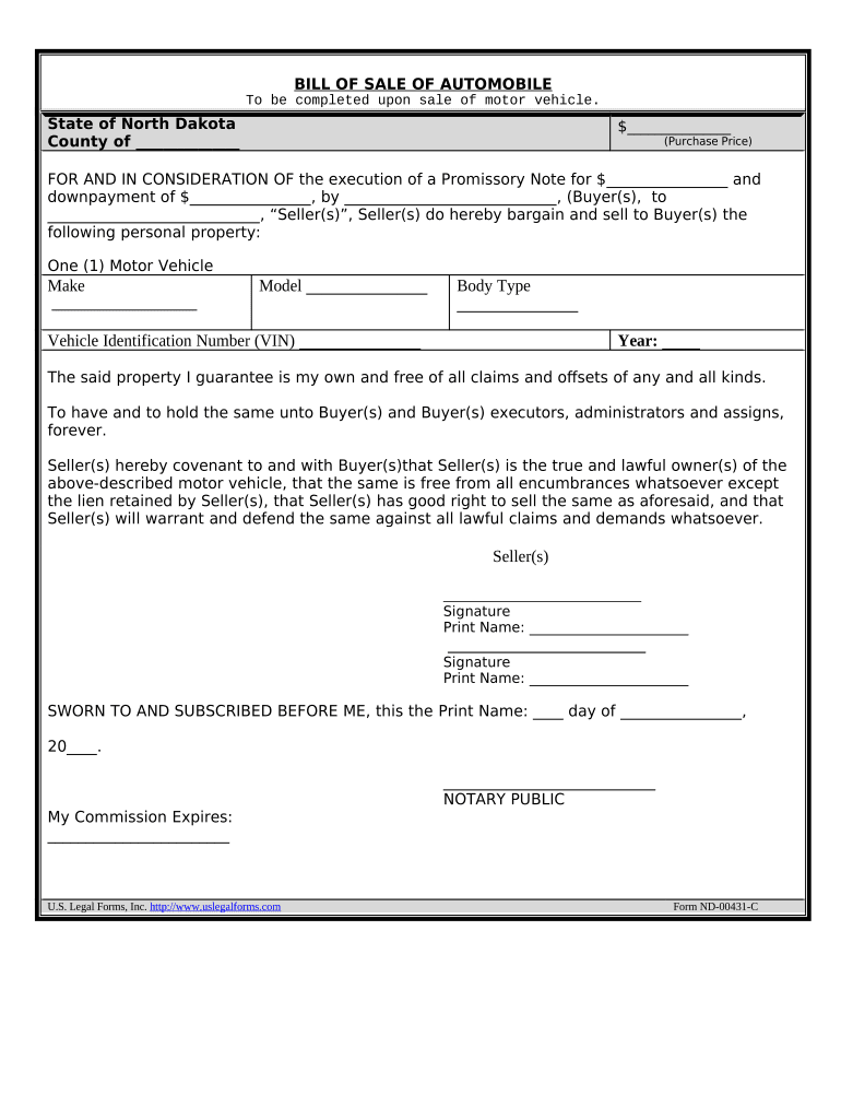 Bill of Sale for Automobile or Vehicle Including Odometer Statement and Promissory Note North Dakota  Form