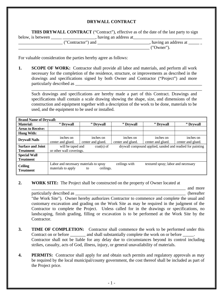 Sheetrock Drywall Contract for Contractor North Dakota  Form