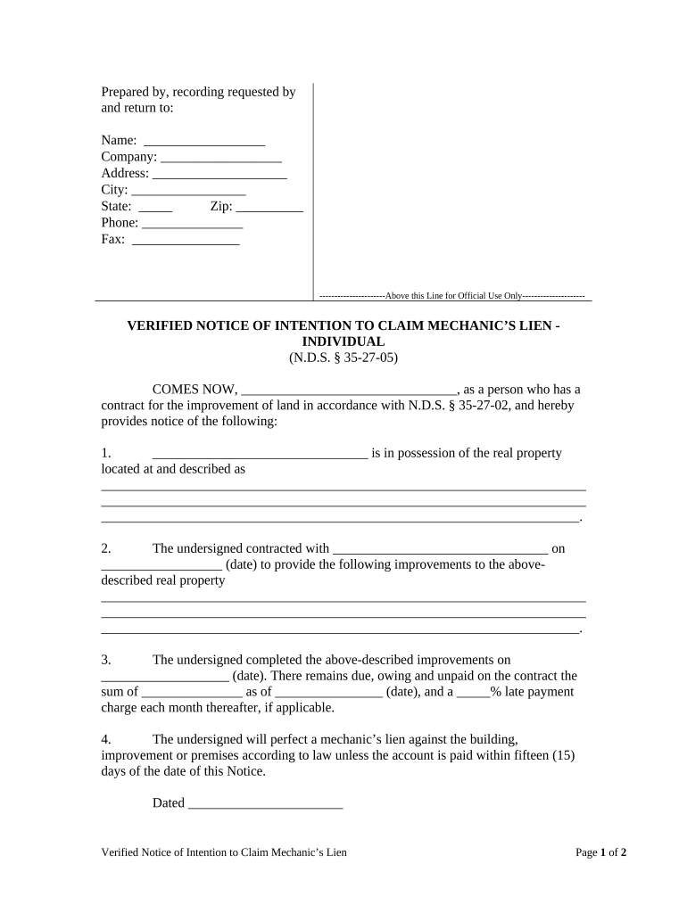 VERIFIED NOTICE of INTENTION to CLAIM MECHANIC'S LIEN INDIVIDUAL  Form