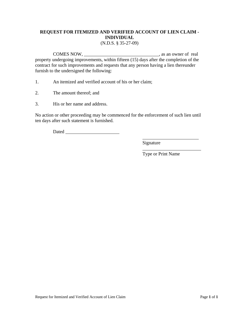 REQUEST for ITEMIZED and VERIFIED ACCOUNT of LIEN CLAIM INDIVIDUAL  Form