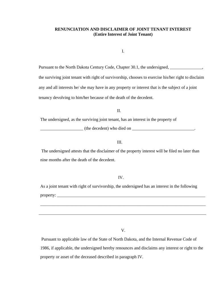 Renunciation and Disclaimer of Joint Tenant or Tenancy Interest North Dakota  Form