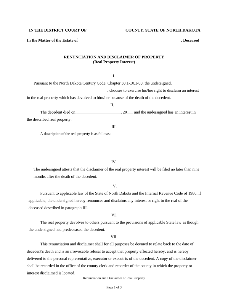 Renunciation and Disclaimer of Real Property Interest North Dakota  Form