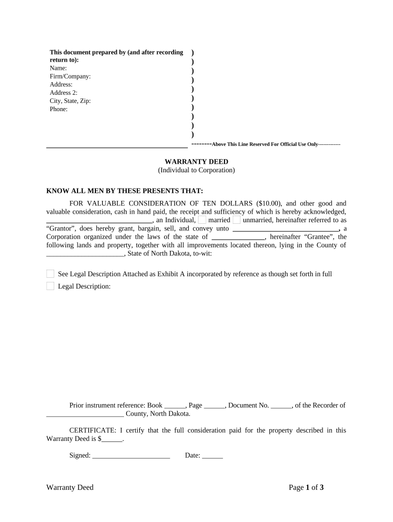 Warranty Deed from Individual to Corporation North Dakota  Form