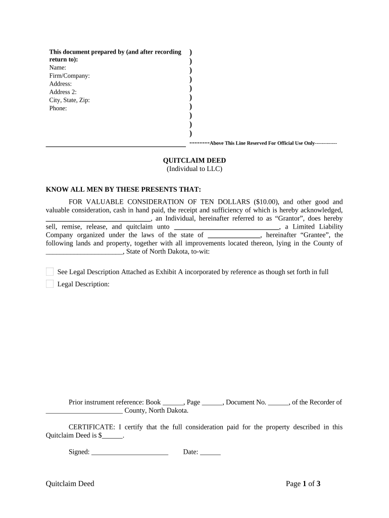 Quitclaim Deed from Individual to LLC North Dakota  Form