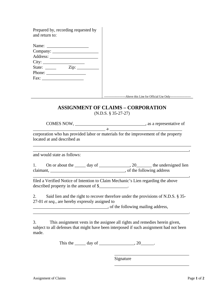 North Dakota Assignment  Form
