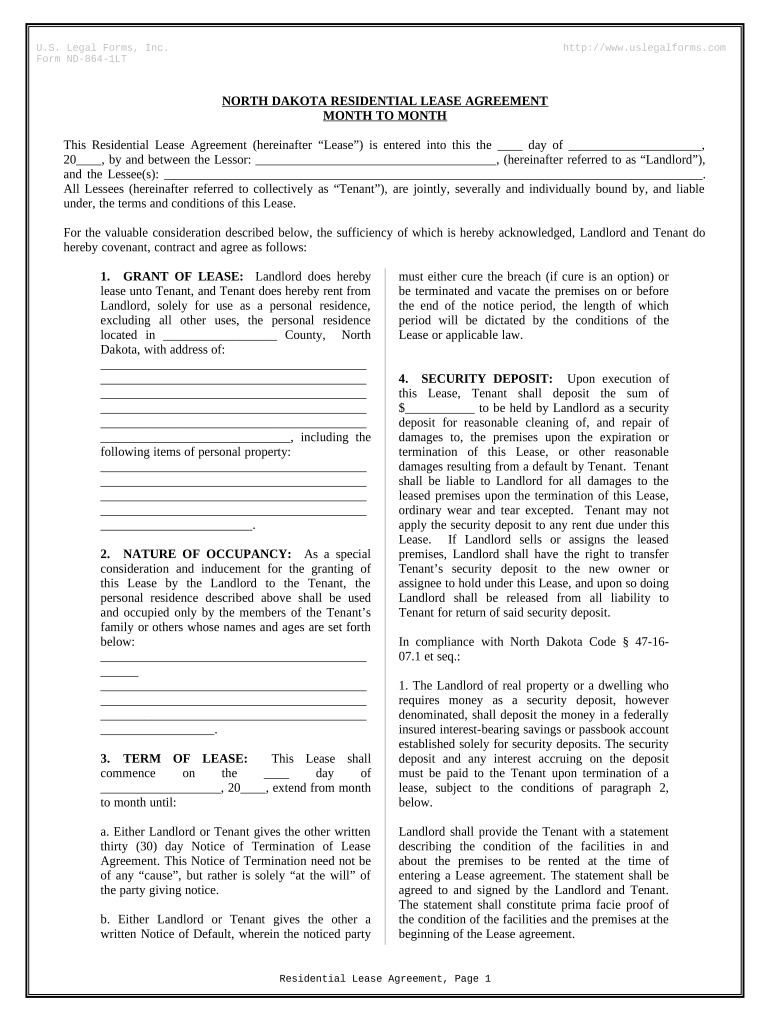 Residential Lease or Rental Agreement for Month to Month North Dakota  Form