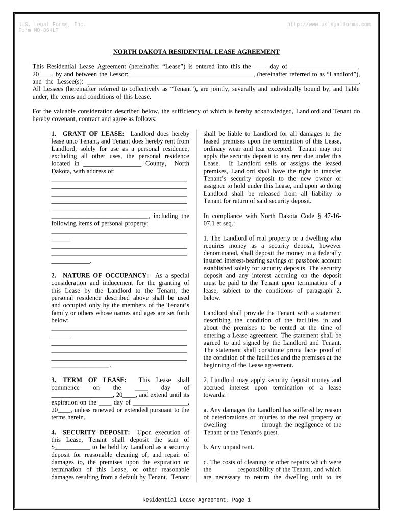 Residential Rental Lease Agreement North Dakota  Form