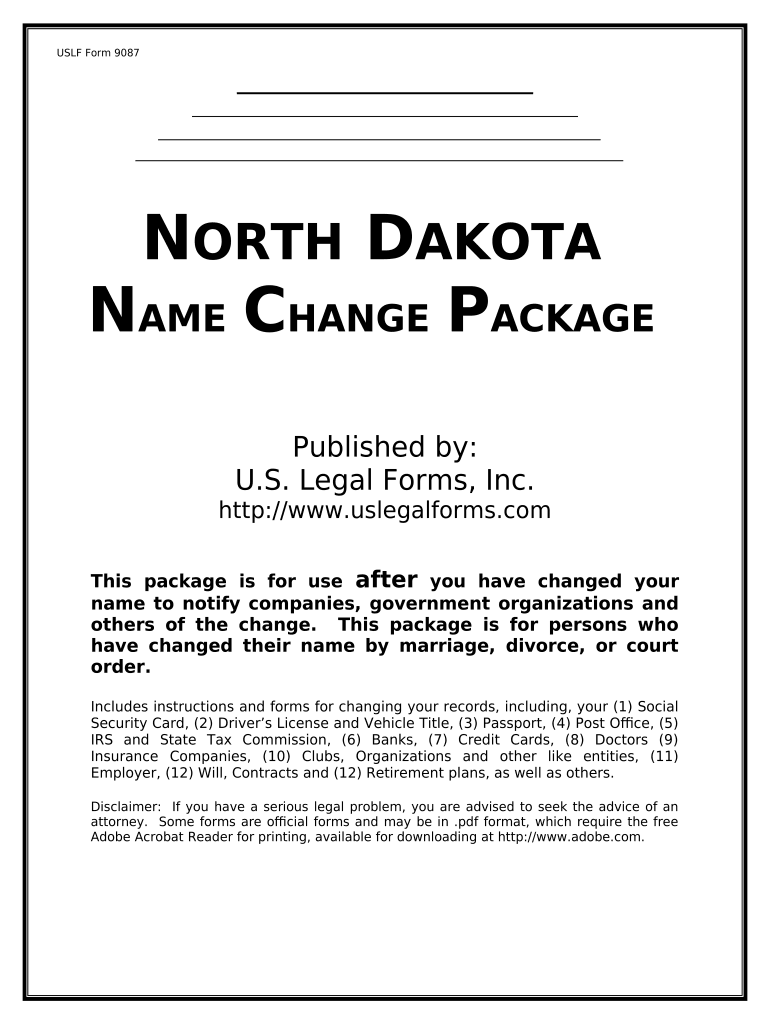 Name Change Notification Package for Brides, Court Ordered Name Change, Divorced, Marriage for North Dakota North Dakota  Form