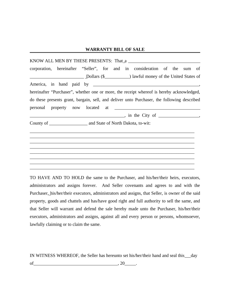 Bill of Sale with Warranty for Corporate Seller North Dakota  Form