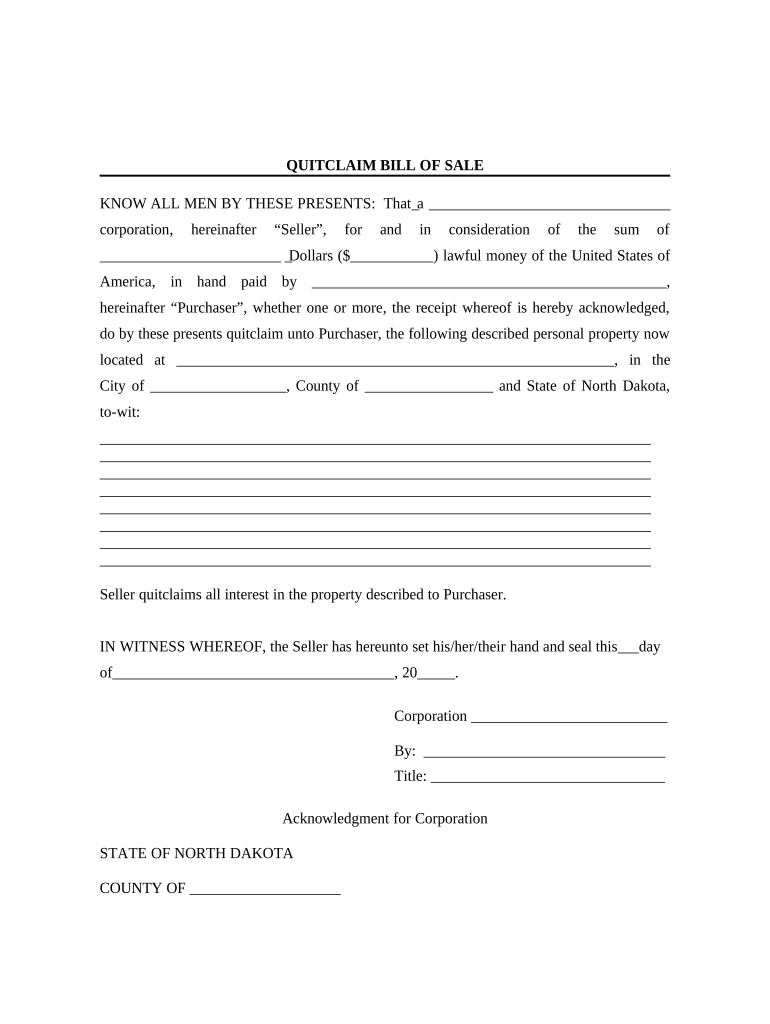 Bill of Sale Without Warranty by Corporate Seller North Dakota  Form