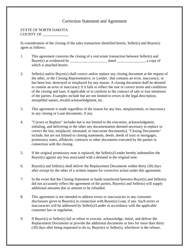 Correction Statement and Agreement North Dakota  Form