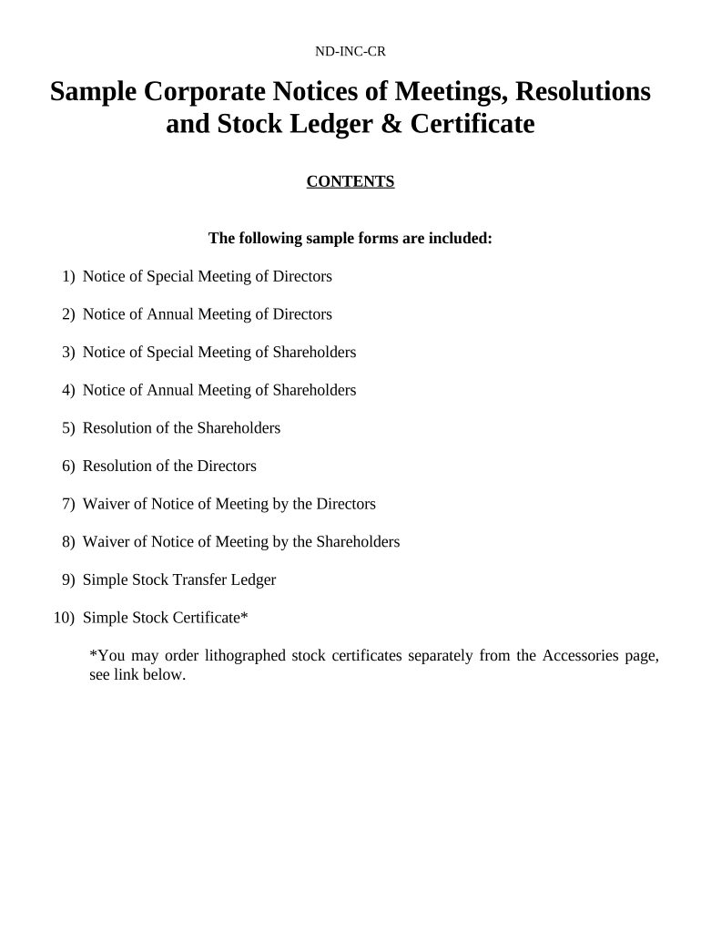 Notices, Resolutions, Simple Stock Ledger and Certificate North Dakota  Form
