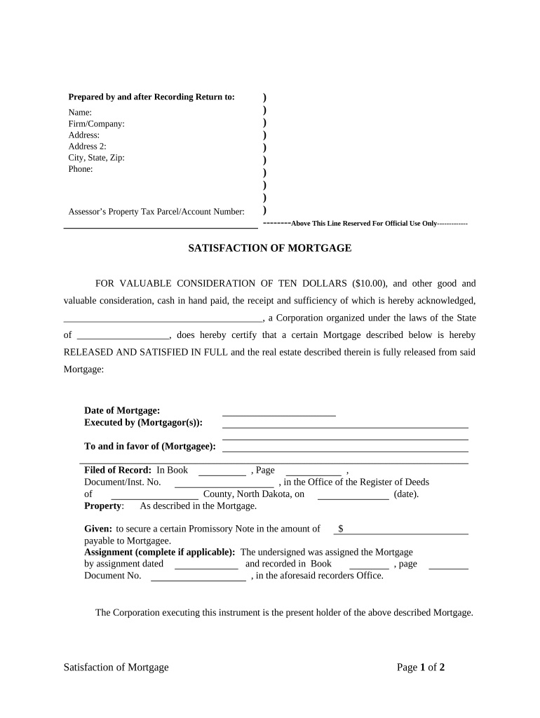 Satisfaction, Release or Cancellation of Mortgage by Corporation North Dakota  Form