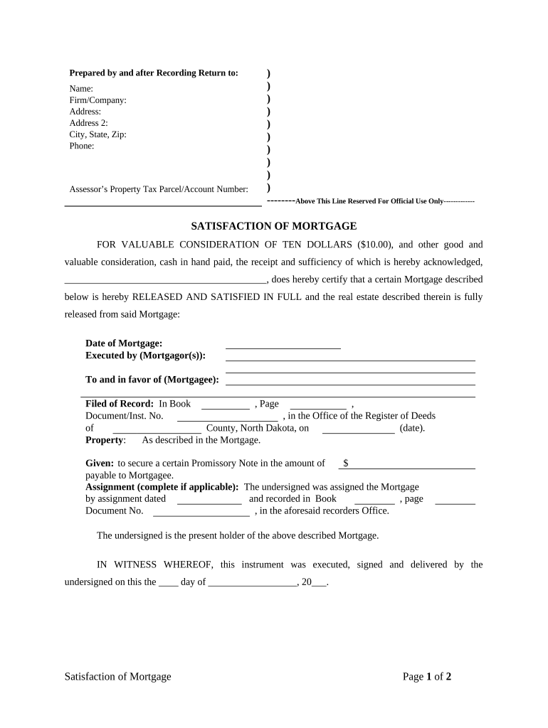 Satisfaction, Release or Cancellation of Mortgage by Individual North Dakota  Form