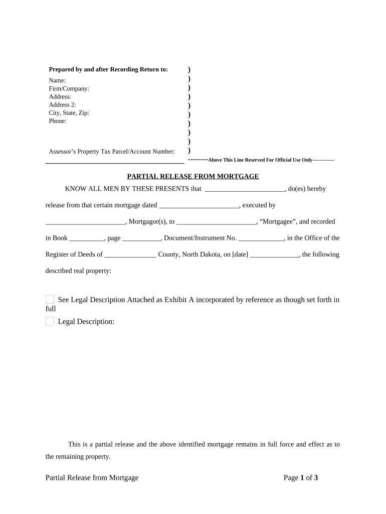 Partial Release of Property from Mortgage by Individual Holder North Dakota  Form