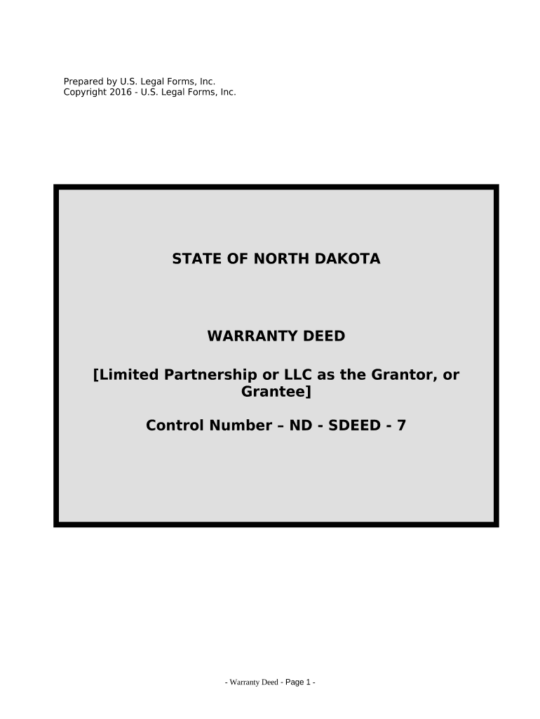 Warranty Deed from Limited Partnership or LLC is the Grantor, or Grantee North Dakota  Form