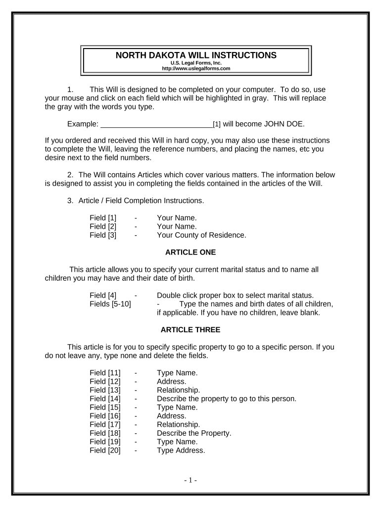 Last Will and Testament for Other Persons North Dakota  Form