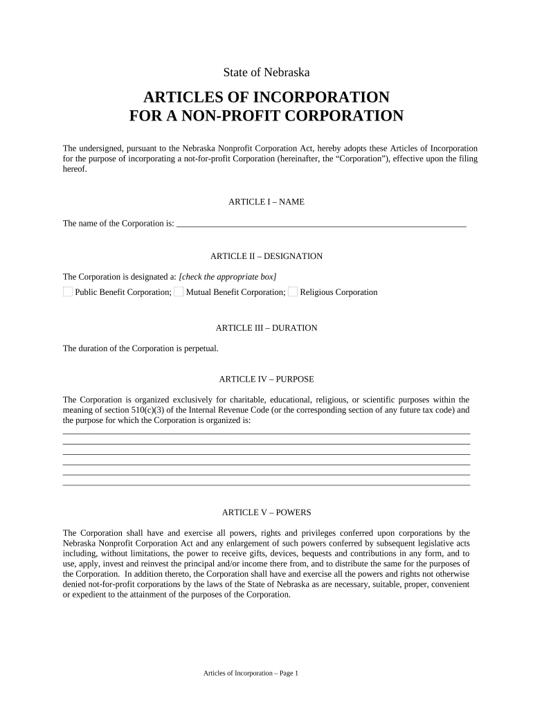 Nebraska Incorporation Document  Form