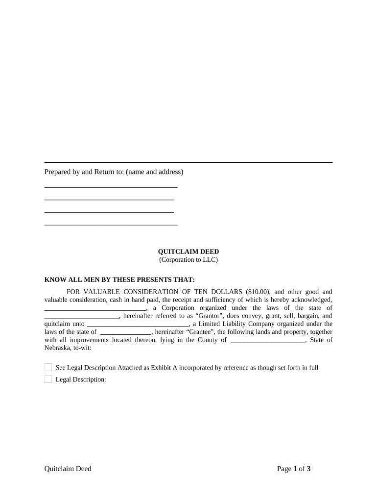 Quitclaim Deed from Corporation to LLC Nebraska  Form