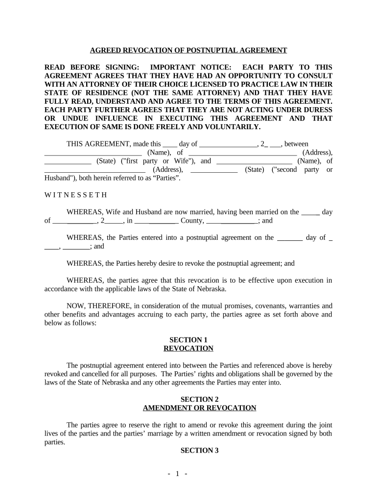 Revocation of Postnuptial Property Agreement Nebraska Nebraska  Form