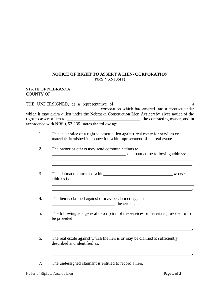 Notice of Right to Assert a Lien Corporation or LLC Nebraska  Form