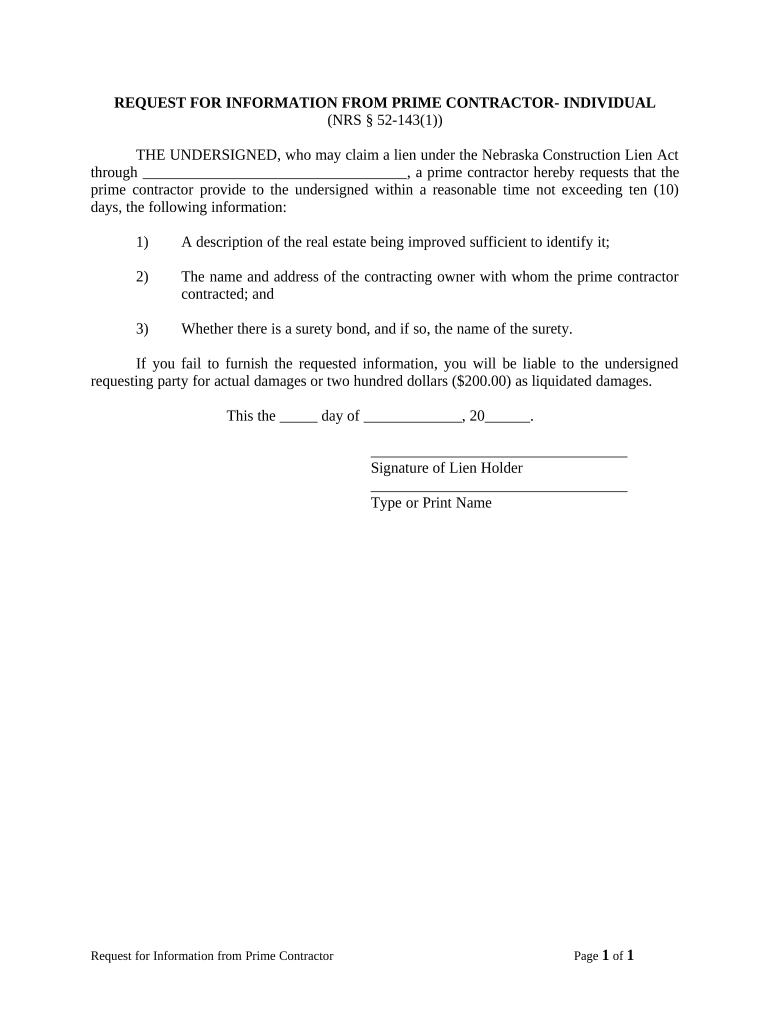 Request for Information from Prime Contractor Individual Nebraska