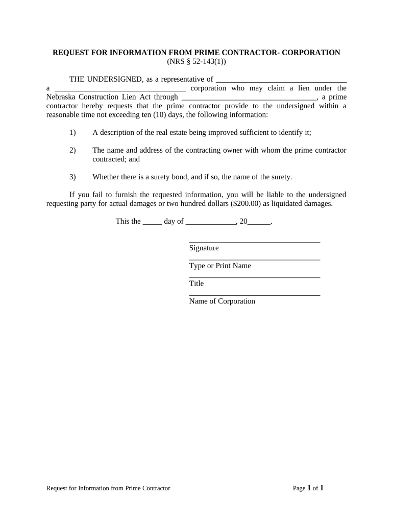 Request for Information from Prime Contractor Corporation or LLC Nebraska