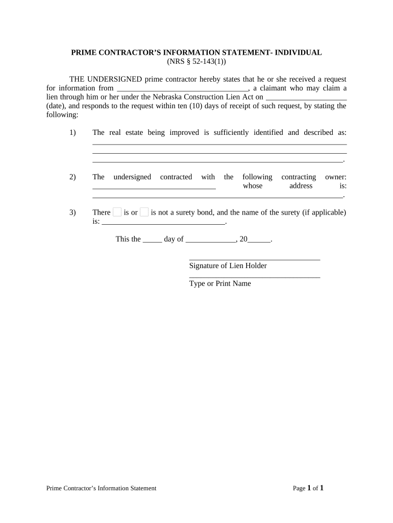 Prime Contractor's Information Statement Individual Nebraska