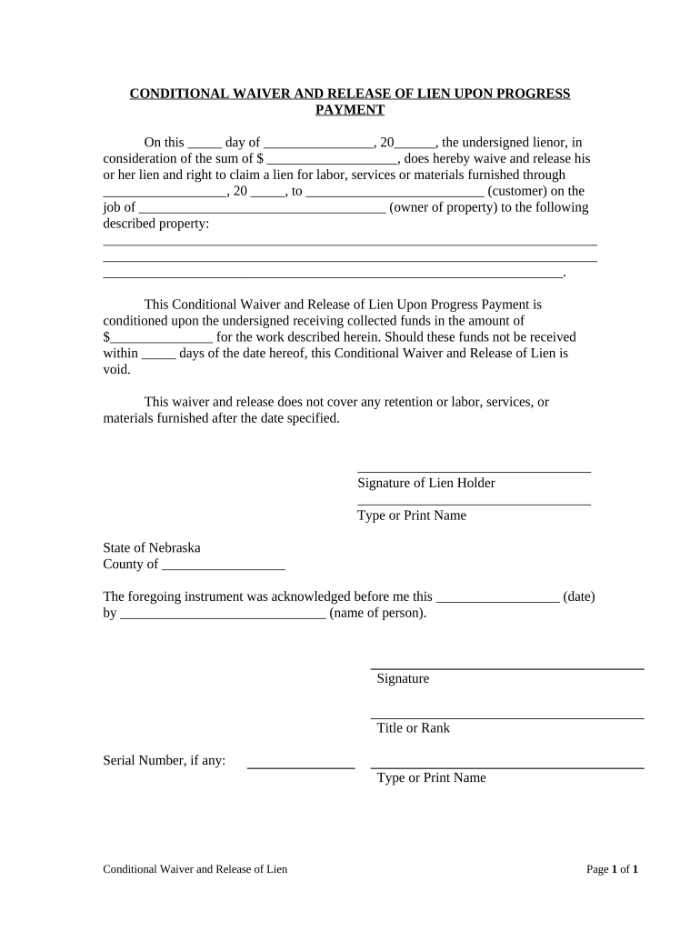 Unconditional Waiver and Release of Lien Upon Progress Payment by Corporation or LLC Nebraska  Form
