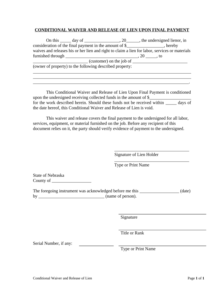 Unconditional Waiver and Release of Lien Upon Final Payment Nebraska  Form