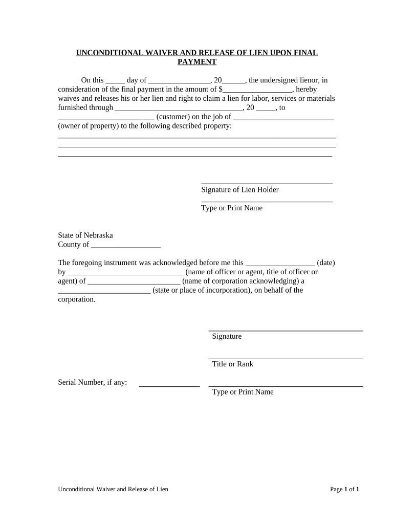 Unconditional Waiver and Release of Lien Upon Final Payment Nebraska  Form