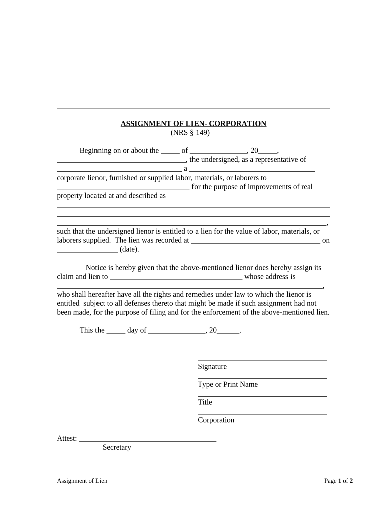 Assignment of Lien Corporation or LLC Nebraska  Form