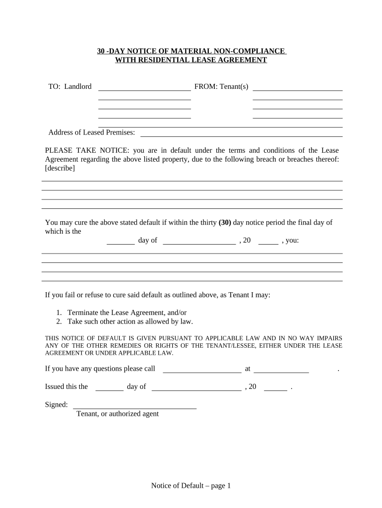 30 Day Notice of Material Noncompliance with Lease or Rental Agreement for Residential from Tenant to Landlord Nebraska  Form